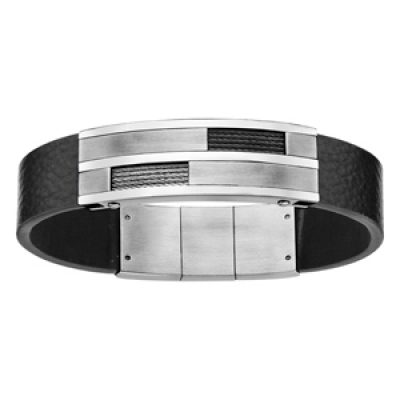 Bracelet en cuir noir avec plaques rectangulaires et ouvertures sur câbles gris et noirs - longueur 20cm + 1cm