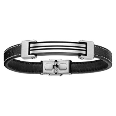 Bracelet en cuir noir avec coutures et plaque en acier ornée de lignes noires au milieu - longueur 21