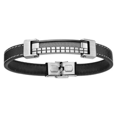 Bracelet en cuir noir avec coutures et plaque en acier ornée de quadrillages au milieu - longueur 21