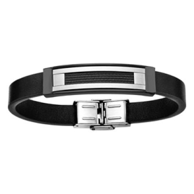 Bracelet en cuir noir avec plaque en PVD et câbles noir au milieu - longueur 20