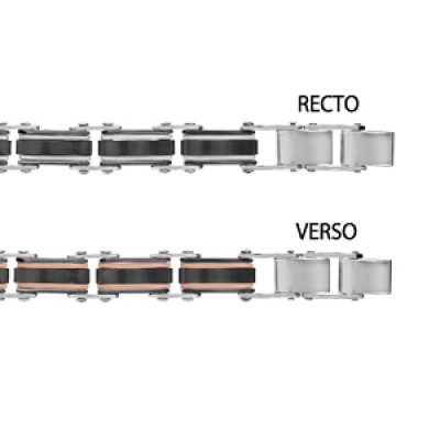 Bracelet réversible en acier 1 côté en PVD noir avec liserets gris et l'autre côté noir avec liserets en PVD rose - longueur 19