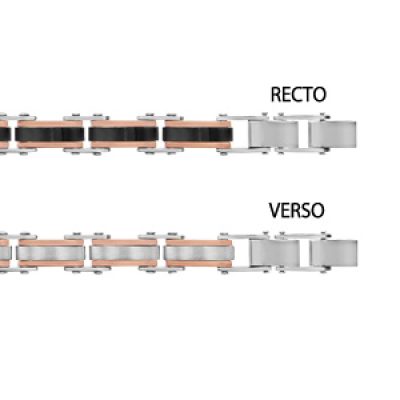 Bracelet réversible en acier 1 côté maillons en PVD noir avec bords en PVD rose et l'autre côté gris avec bords roses - longueur 19.5+1cm réglable par double fermoir