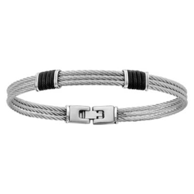 Bracelet en acier 3 câbles gris entourés à 2 endroits de câbles noirs plus petits - longueur 20cm
