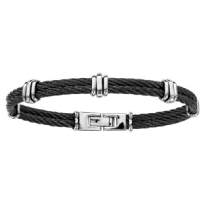 Bracelet en acier 2 câbles noirs avec 5 éléments gris pour les retenir - longueur 20cm