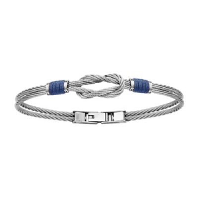 Bracelet en acier 2 câble gris entourés à 2 endroits de câbles bleus avec noeud plat au milieu - longueur 20cm