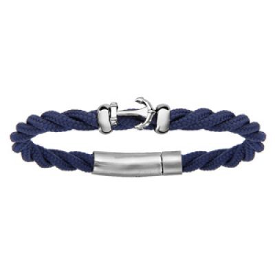 Bracelet en acier et corde bleue avec petite ancre marine au milieu - longueur 20 cm