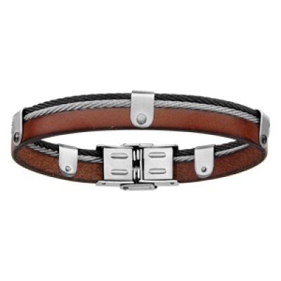 Bracelet en cuir marron avec 1 câble en acier gris et 1 noir - longueur 20cm