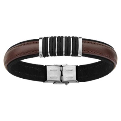 Bracelet en acier et cuir marron avec éléments lisses et noirs au milieu - longueur 20cm
