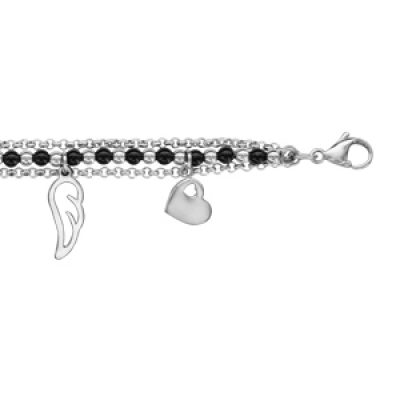 Bracelet en acier et perles de synthèse noires 3 chaînes avec pampilles symboles 16+3 cm