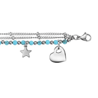 Bracelet en acier et perles de synthèse bleues 3 chaînes avec pampilles symboles 16+3 cm