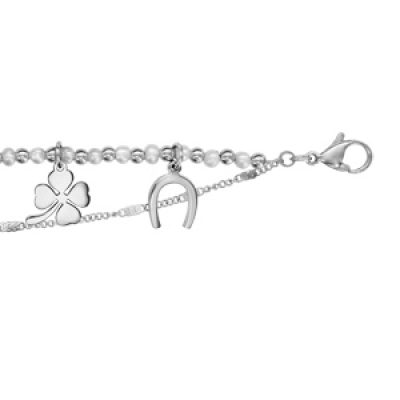 Bracelet en acier et perles de synthèse blanche 2 chaînes avec pampilles symboles