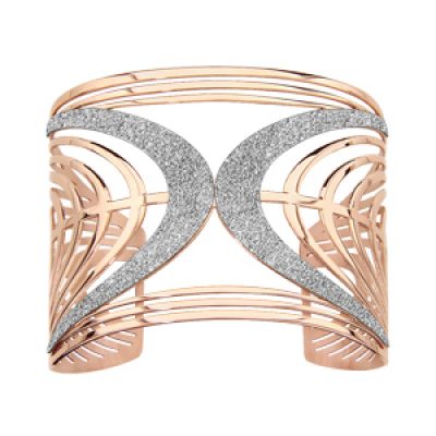 Bracelet en acier et PVD rose manchette formes géométriques arrondies lisses et glitter