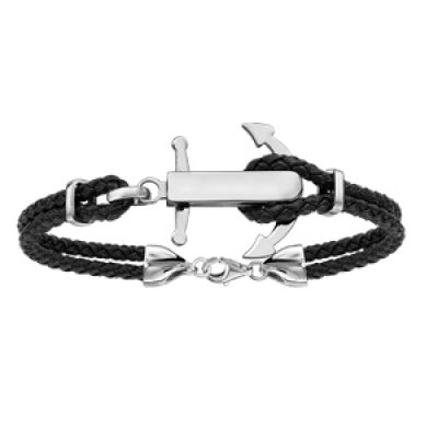 Bracelet en acier cordon en cuir noir doublé avec ancre marine à graver au milieu - longueur 19cm + 3cm de rallonge