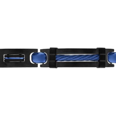 Bracelet en acier et PVD noir plaque et gros câble PVD bleu 21