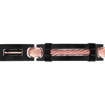 Bracelet en acier et PVD noir plaque et gros câble PVD rose 21