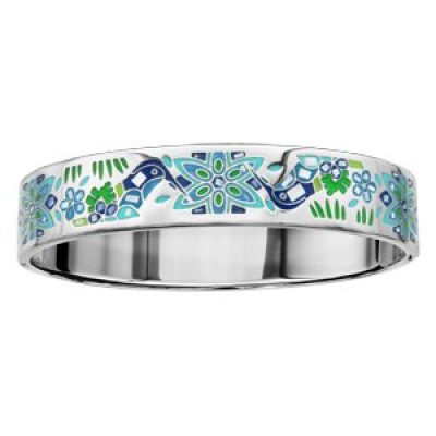 Bracelet Stella Mia articulé en acier et nacre blanche véritable avec motifs colibris bleu vert - taille 62mm X 56mm
