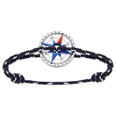 Bracelet en acier cordon coulissant bleu marine et blanc avec rose des vents sur fond blanc