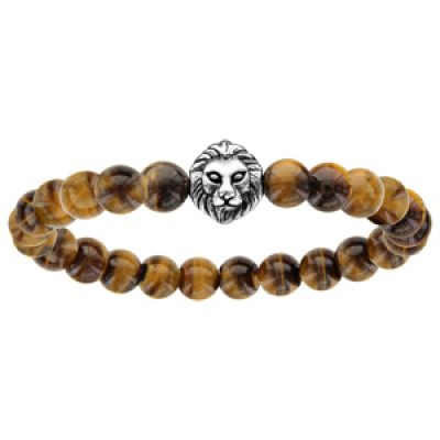Bracelet élastique perles synthétiques marron avec tête de lion