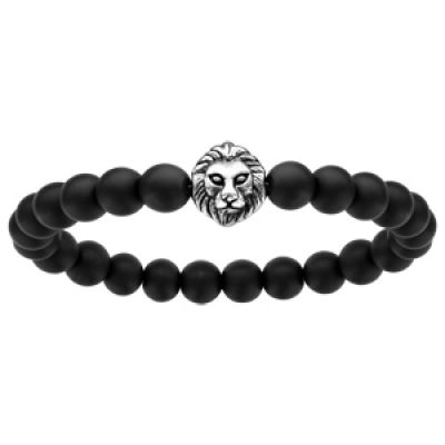 Bracelet élastique perles synthétiques noires avec tête de lion