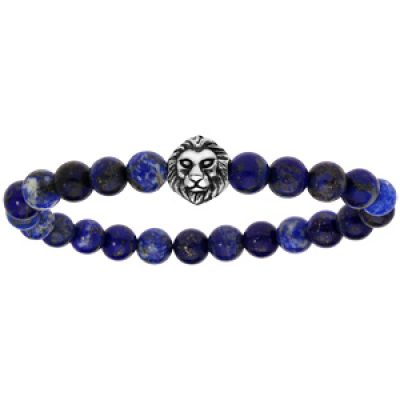 Bracelet extensible en perles de Lapis Lazuli véritable et tête de lion