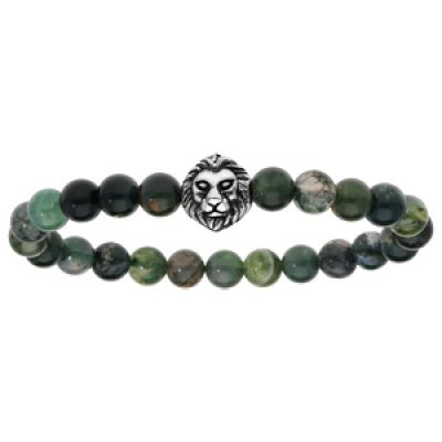 Bracelet extensible avec perles d'Agate verte et tête de lion