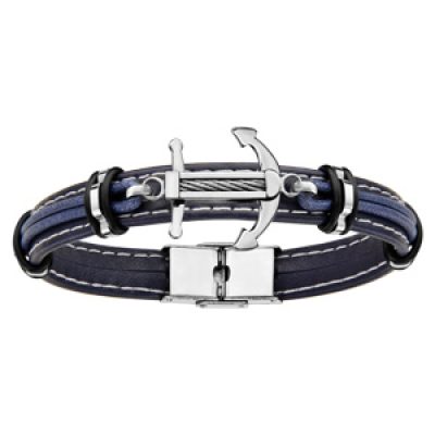Bracelet en cuir bleu marine avec ancre de marine en acier ornée d'1 câble au centre - longueur 21cm