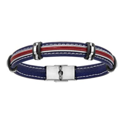Bracelet en cuir bleu marine et 2 brins rouges au milieu entourés de 2 câbles en acier gris - longueur 20cm