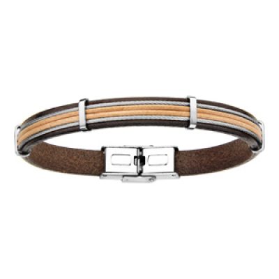Bracelet en cuir marron avec 2 câbles en acier gris et 2 fils clairs au milieu - longueur 20cm