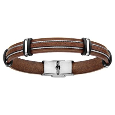 Bracelet en cuir marron avec 2 câbles en acier gris vers le milieu - longueur 20cm