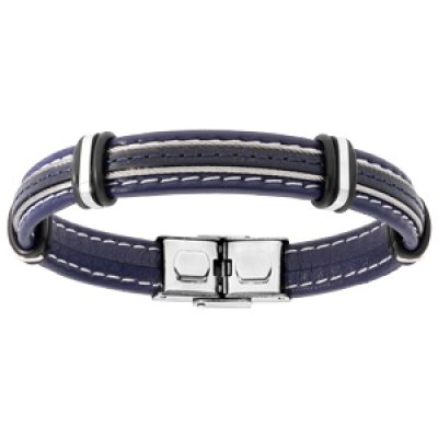 Bracelet en acier et cuir bleu marine avec 2 câbles gris 20cm