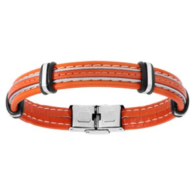 Bracelet en acier et cuir orange avec 2 câbles gris réglable 20cm
