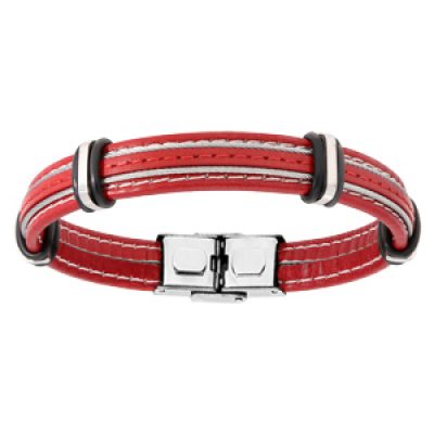Bracelet en acier et cuir rouge avec 2 câbles gris réglable 20cm