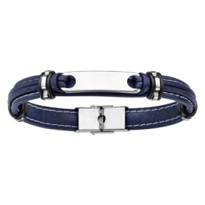 Bracelet en cuir bleu marine avec plaque allongée en acier - longueur 21cm réglable