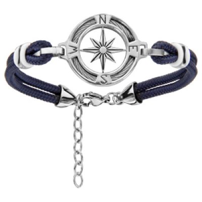 Bracelet en acier cordon bleu marine doublé avec rose des vents au milieu d'un anneau orné d'1 câble - longueur 19cm + 3cm de rallonge