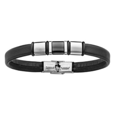 Bracelet en cuir noir avec 3 éléments en acier au milieu - longueur 21cm