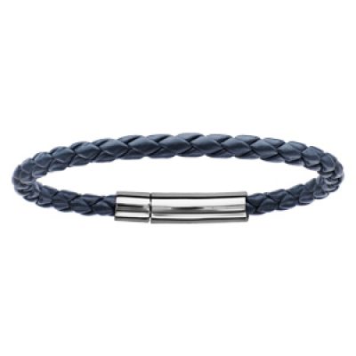Bracelet en cuir tressé bleu marine avec fermoir en acier - longueur 19cm