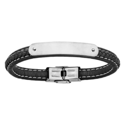 Bracelet en cuir tressé noir avec plaque arrondie en acier - longueur 21cm