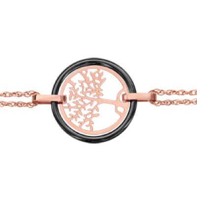 Bracelet en acier et PVD rose double chaîne arbre de vie contour céramique noire 16cm + 3cm