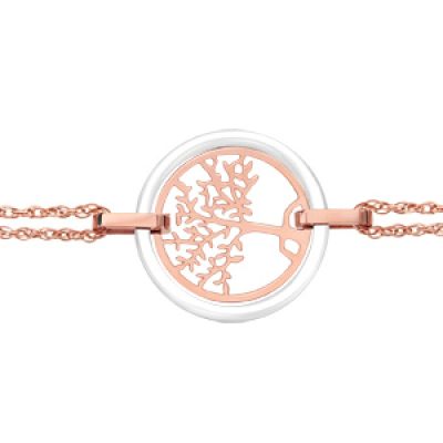 Bracelet en acier et PVD rose double chaîne arbre de vie contour céramique blanche 16cm + 3cm