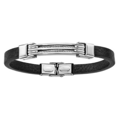 Bracelet en acier et cuir noir 2 rangs câble gris 21cm réglable