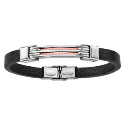 Bracelet en acier et cuir noir 2 rangs câble rose 21cm réglable
