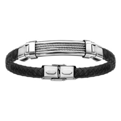 Bracelet en acier et cuir noir tresse 3 rangs câble gris 21cm réglable