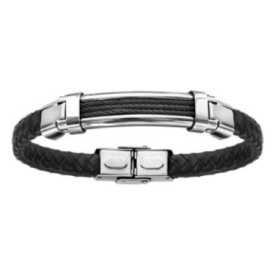 Bracelet en acier et cuir noir tresse 3 rangs câble noir 21cm réglable
