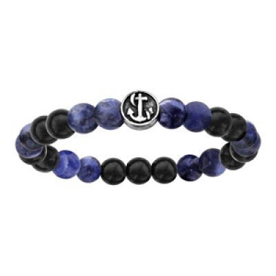 Bracelet en acier élastique perles bois noires et pierres bleues motif ancre marine