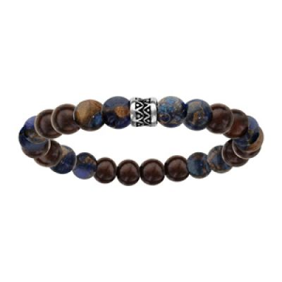 Bracelet en acier élastique perles bois et pierres marbrées motif patiné