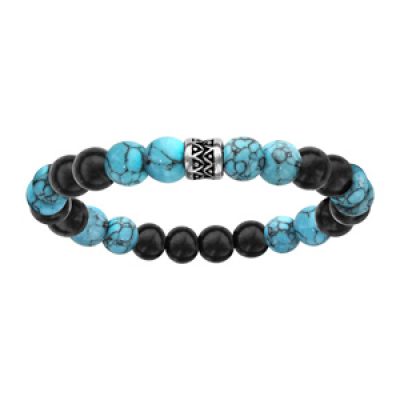 Bracelet en acier élastique perles bois noires et turquoise imitation motif patiné