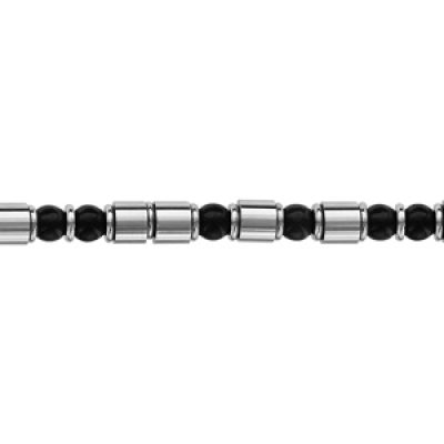 Bracelet en acier motifs sur câble boules noires et cylindre double fermoir 19cm + 2cm