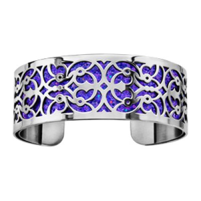 Bracelet en acier manchette motifs volutes glitter violet