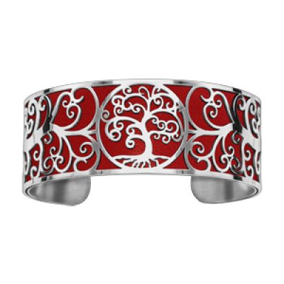 Bracelet en acier manchette motif arbre de vie rouge