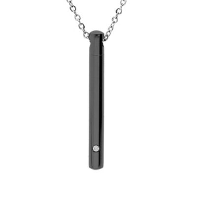 Collier en acier et PVD noir chaîne avec pendentif "porte poudre" dévissable et oxyde blanc 45+5cm haut 4